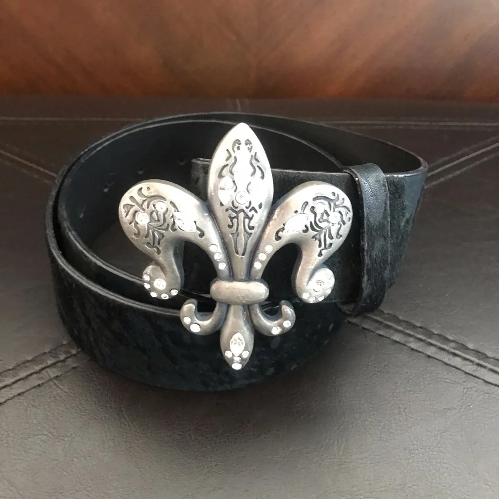 Royal Plush Fleur De Lis Swarovski Belt Buckle w/ Leather & Calf hair Belt Loop.